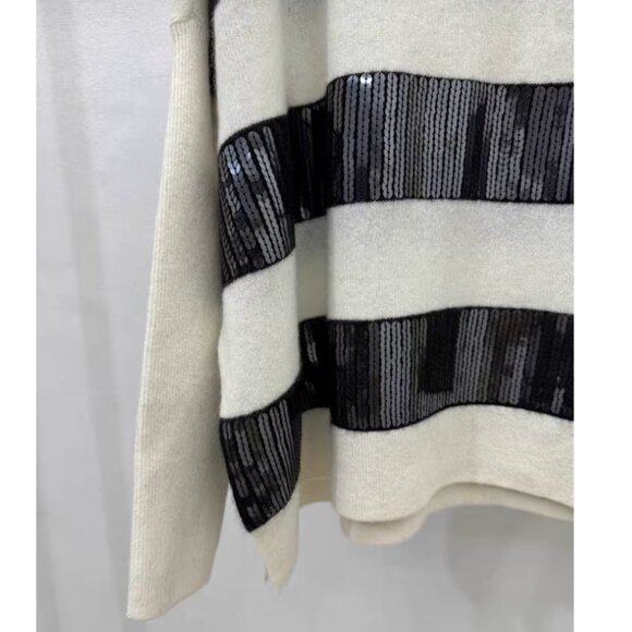 Anthropologie Maeve Cashmere Sequin Sweater XS/S/L Ivory Black Stripe Causal - Picture 9 of 9